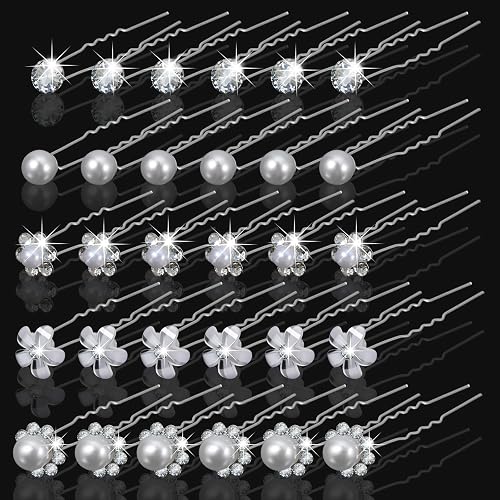 30 PCS Wedding Pearl Hair Pins, 5 Styles White Bobby Clips for Bridesmaid and Bridal Hair Accessories, Crystal Pearl and Flower Hairs Barrettes Clips for Prom Bride Prom Party Women Girls (Silver)
