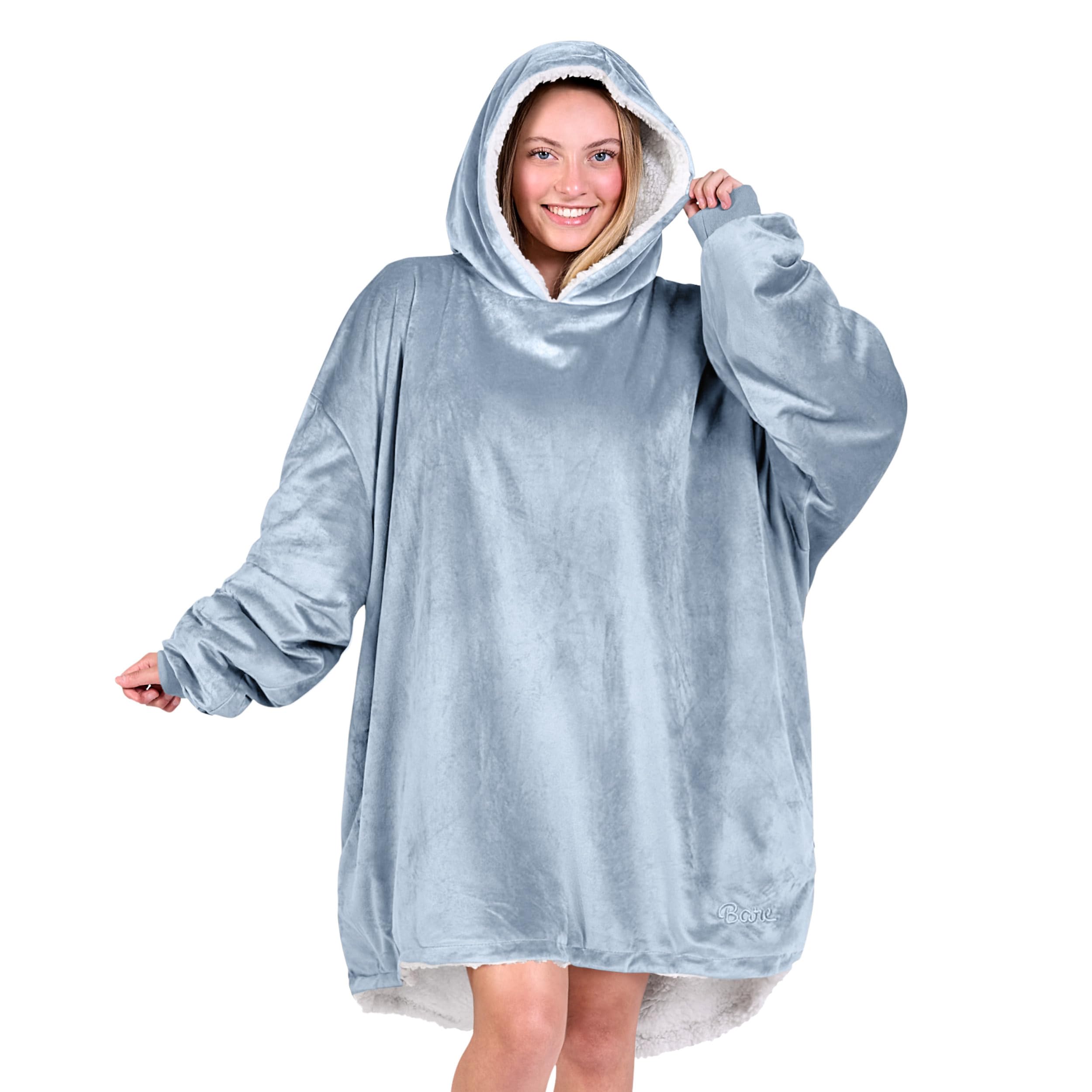 Bare Home Sherpa Fleece Wearable Blanket - Oversized Wearable Blanket Hoodie - Adult Size - Warm & Cozy - Soft Blanket - Comfortable Blanket Sweatshirt with Two Zipper Pockets (Adult, Dusty Blue) Image