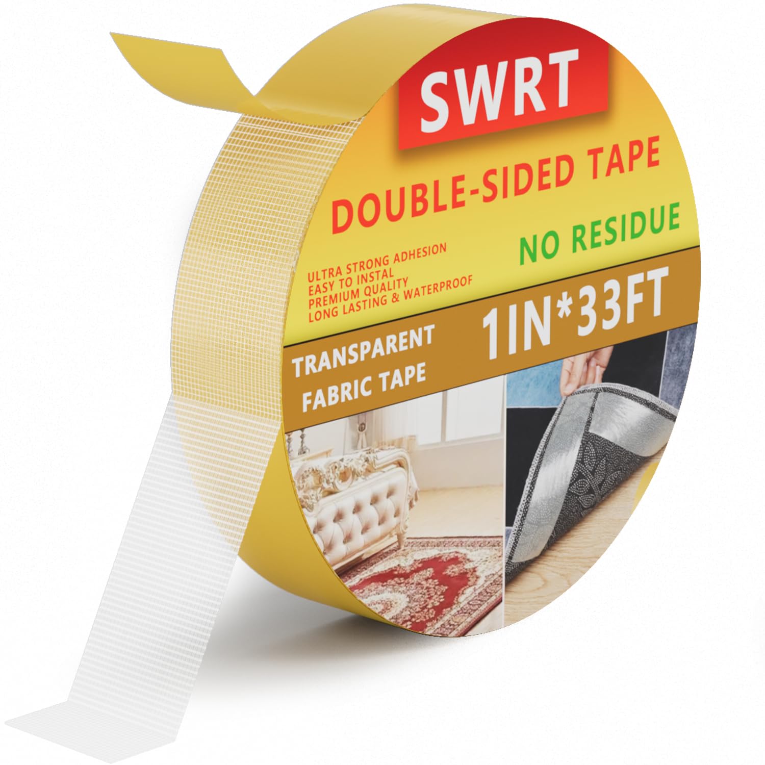 Photo 1 of SWRT Double Sided Fabric Tape 1" x 33FT – Heavy Duty, Clear, No Residue, Strong Adhesion for Carpet, Crafts, Clothing, Outdoor & Indoor Use