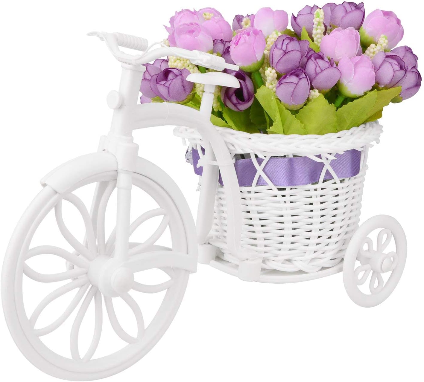 Takefuns Small Artificial Flowers Garden Nostalgic Bicycle Artificial Flower Decor Plant Stand Mini Garden for Home Wedding Decoration (Purple)