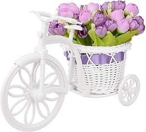 Takefuns Small Artificial Flowers Garden Nostalgic Bicycle Artificial Flower Decor Plant Stand Mini Garden for Home Wedding Decoration (Purple)