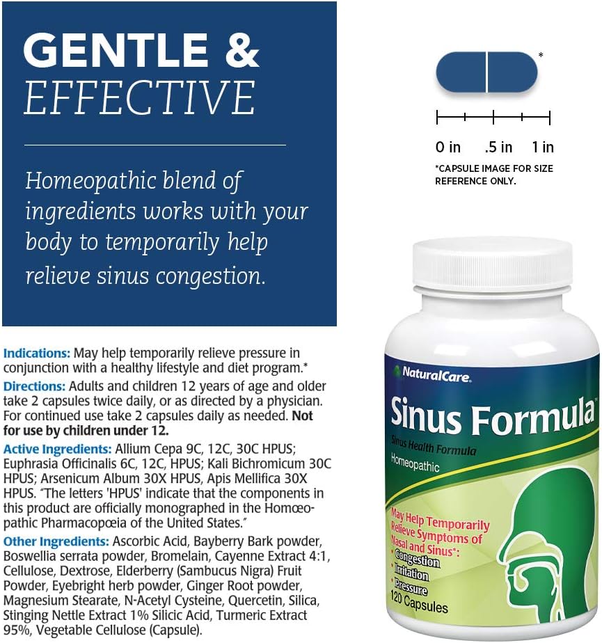 NaturalCare Sinus Formula | Homeopathic Support for the Temporary Relief of Sinus Congestion and Pressure | 120 Capsules: Health & Personal Care