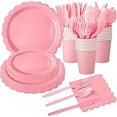 175 Pcs Pink Disposable Dinnerware Set Serve 25 Guests, Pink Birthday Party Supplies Includes Disposable Paper Plates Cups Napkins Plastic Cutlery for Baby Shower, Wedding, Easter Brunch