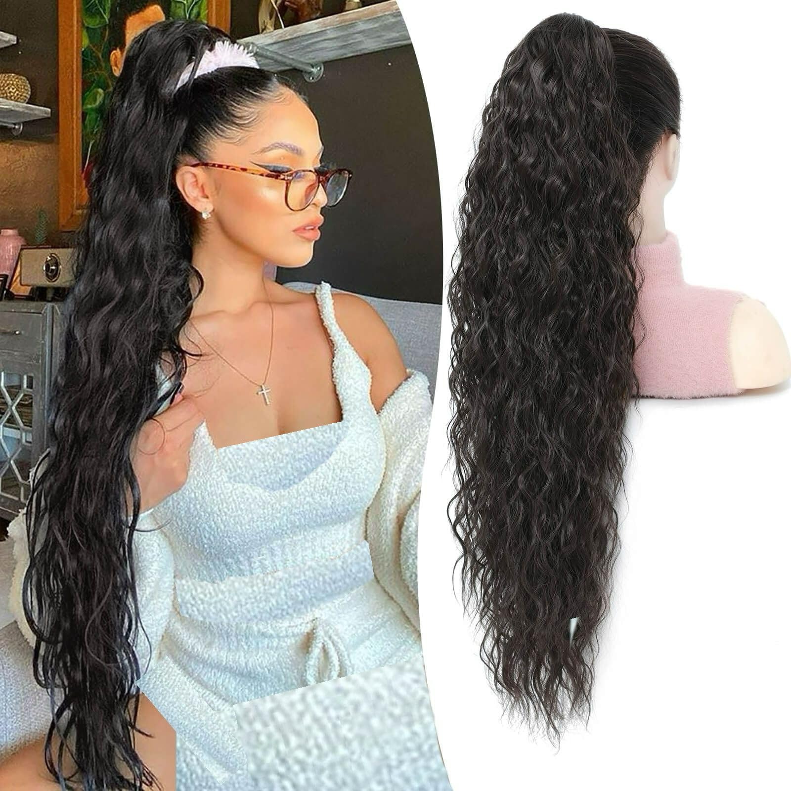 Flyroseing Ponytail Extension, Dark Brown Claw Clip in Ponytail Hair Extensions, 30inch curly Ponytail Extension, Synthetic Pony Tails Extensions for Women — image 1