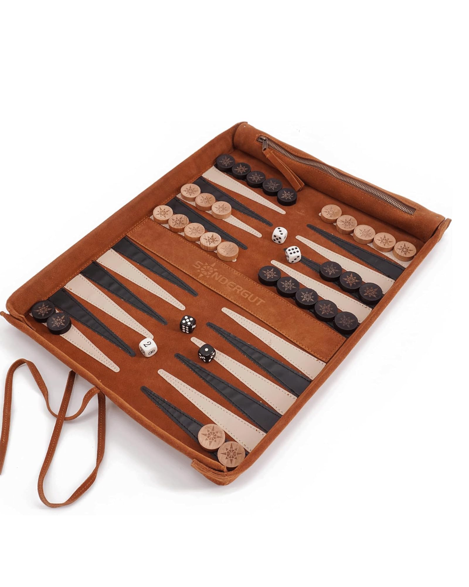 Sondergut Backgammon Deluxe - Patented Folding Design & Genuine Leather - Elegant Design - Premium Beech Wood Tiles 30 x 40 cm - 2 Players, Age 8+