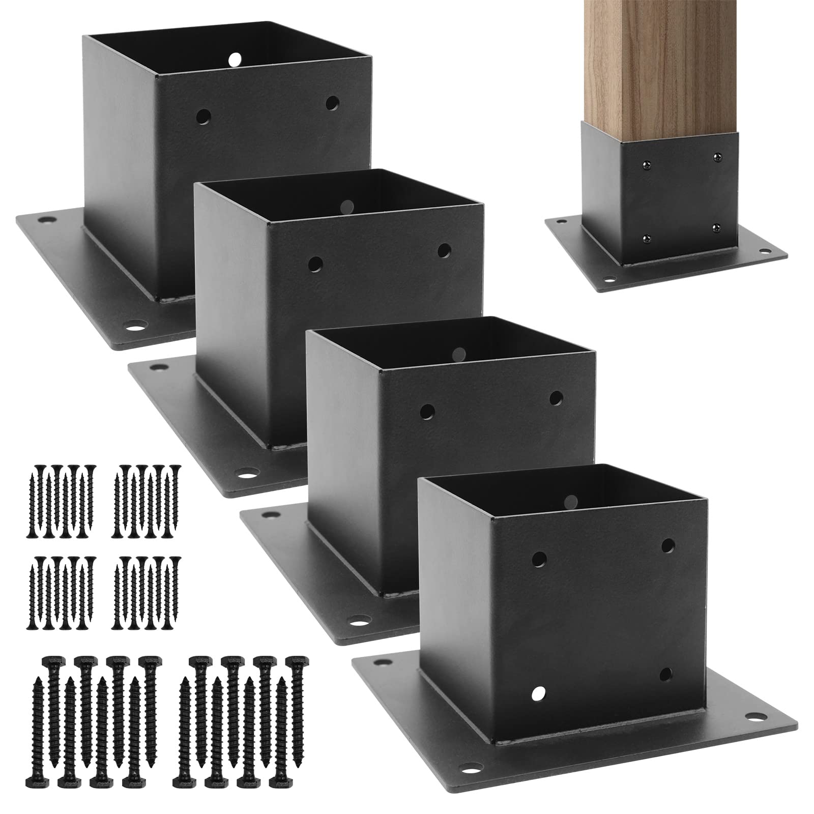 WHATWEARS 4 x 4 Post Base(Inner Size 3.6" x 3.6"), Heavy-Duty Steel Post Anchor, Deck Post Base Brackets with Black Metal Coated, with Screws, for Deck Railing Pergola Brackets Fence (4 Pack)
