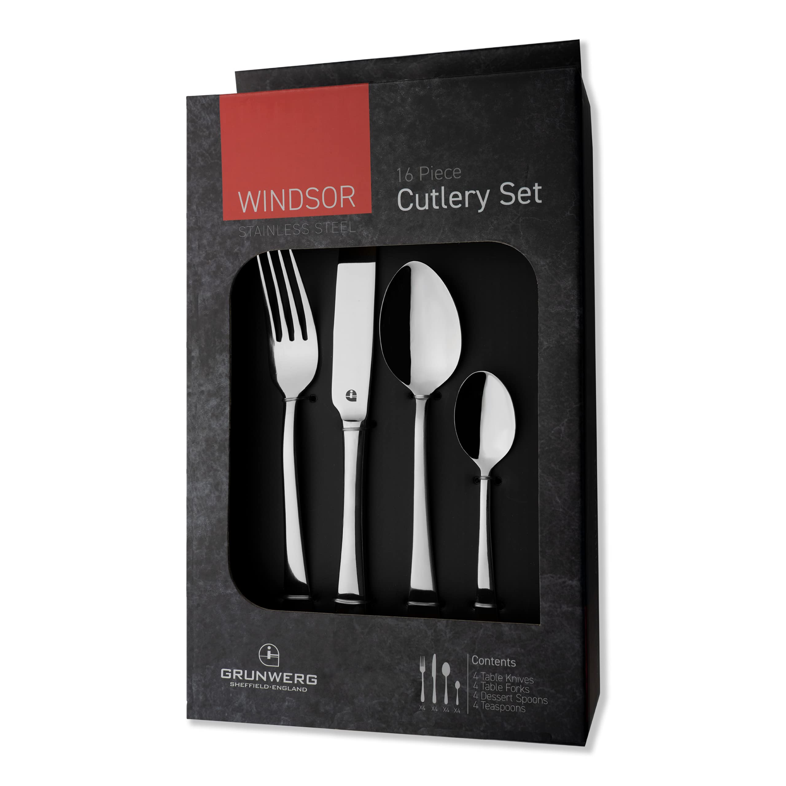 Grunwerg 16BXWDR/C Cutlery Set, Stainless Steel, Silver, 16 Piece Set