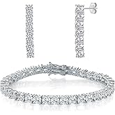 MDFUN Tennis Bracelet and Dangle Earrings Set 14K White Gold Plated, 3-5mm Round Cut Cubic Zirconias Jewelry Set for Women Men, 6.5-7.5 inches