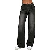 Emmiol Women Wide Leg Jeans Tummy Control Waisted Straight Stretchy Denim Pants with Pockets