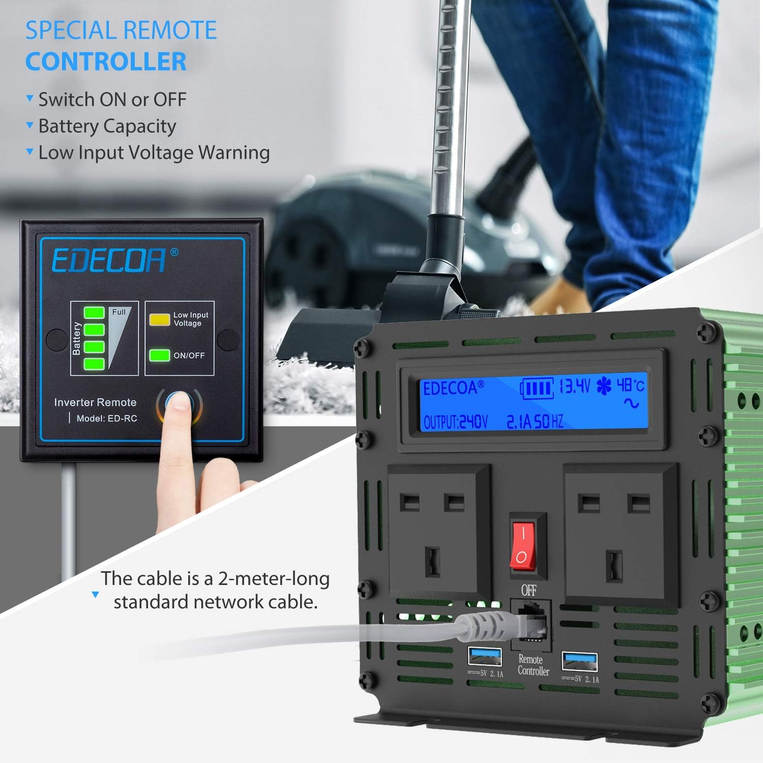 Edecoa 2500W Peak 5000W Power Inverter Pure Sine Wave DC 12V to 240V AC with 4.2A Dual USB Ports - Green, 12V/2500W - Image 5