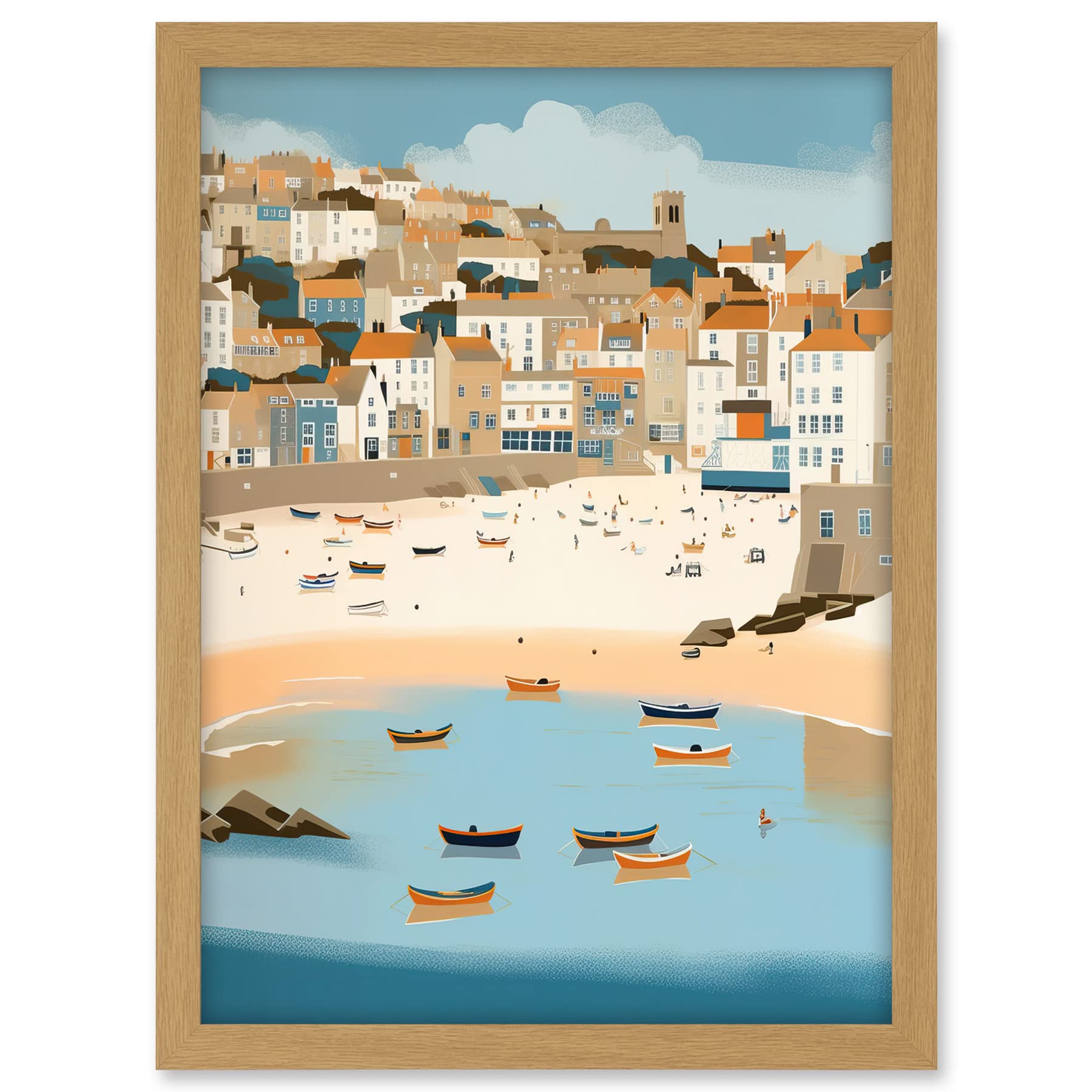 Artery8 Small Boats in St Ives Bay Coastal Cityscape Artwork Framed A3 Wall Art Print