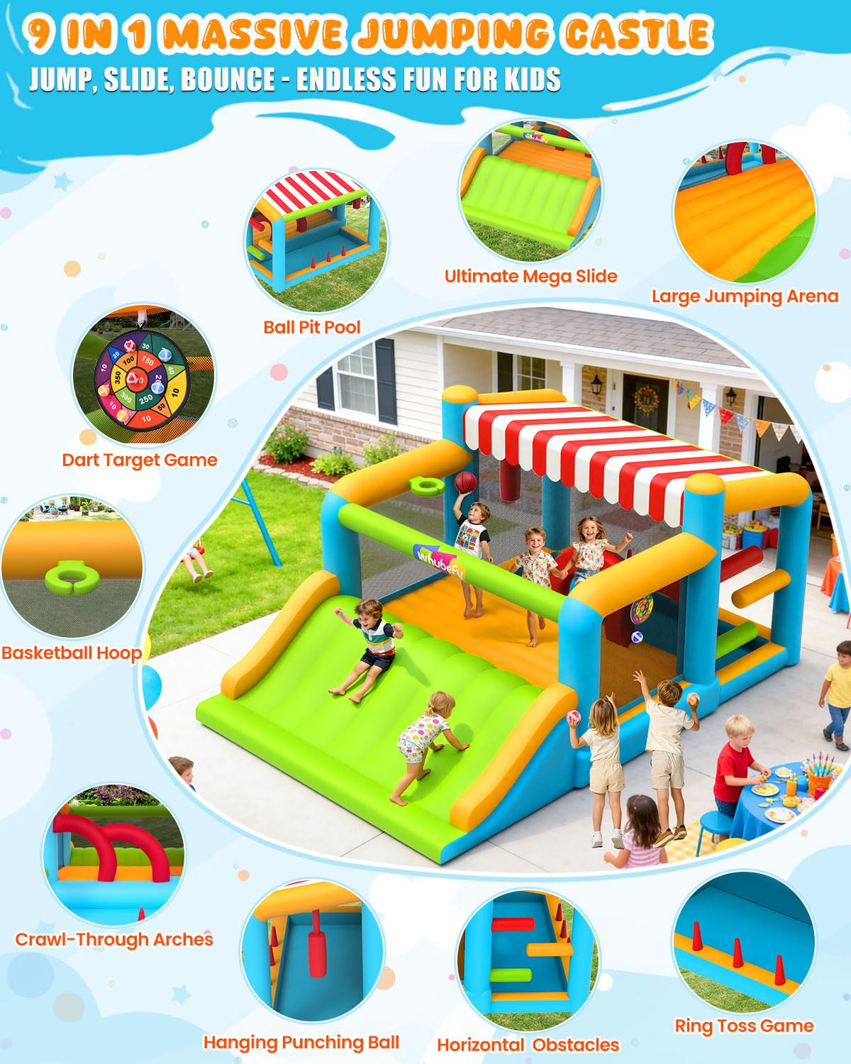 Whubefy Large Bounce House for Big Kids 8-12, 16x11.5FT Kid 3-6 Inflatable Obstacle Course w/XXL Slide, Jump Zone, Water Pool, Obstacle Bars, Ring Toss, 750W Blower, Outdoor Bouncy Castle Holds 6 Kids