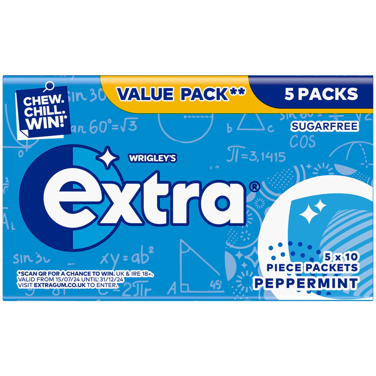 Wrigley's Extra Peppermint Chewing Gum Sugar Free Multipack, 5 x 10 Pieces