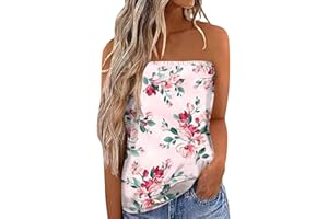 KIMLOOG Womens Tube Tops Strapless Bandeau Tank Tops Summer Casual Floral Shirts Smocked Ruffled Backless Sleeveless Blouses