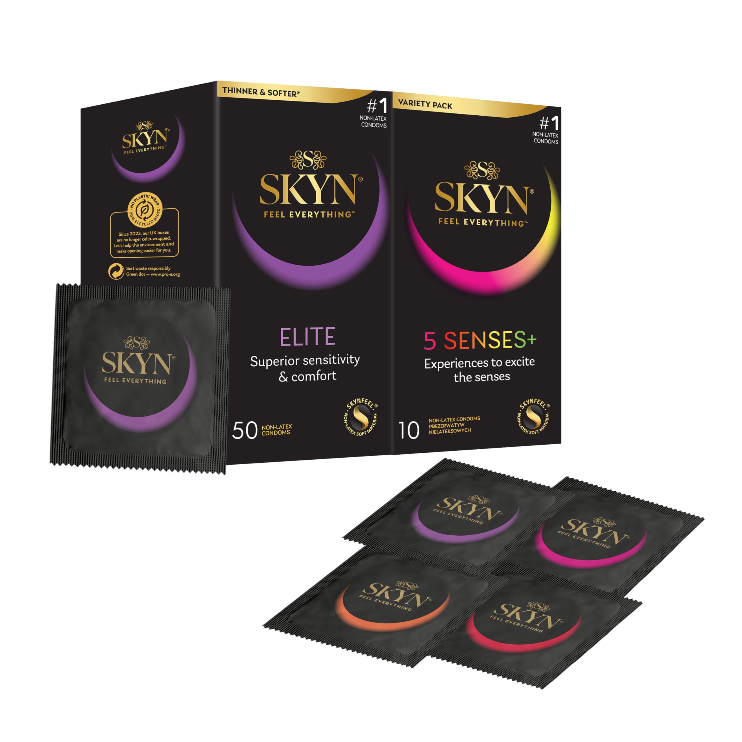 SKYN Elite Condoms Pack of 50 & 5 Senses Pack of 10 / Skynfeel Latex Free for Men, Ultra-Thin & Soft, Raised Dots, Cocktail Flavoured, Warming, Cooling
