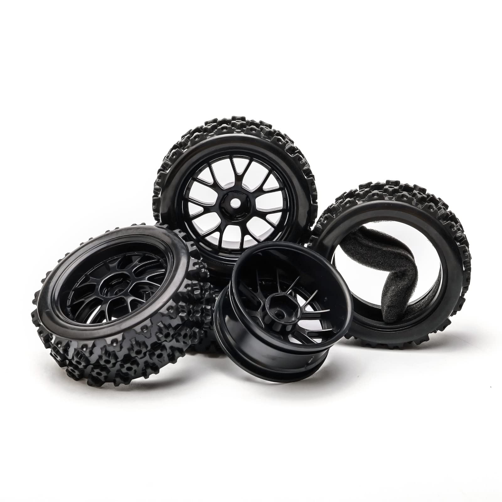 Pxyelec 1:10 Scale RC Car Tires & Wheel Rims Set - Durable Rubber Tyres with Plastic Rims for Off-Road, Drift Remote Control Cars, Replacement Parts, 4-Pack, Black
