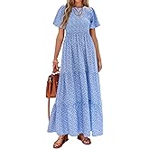 PRETTYGARDEN Women's 2026 Spring Casual Flutter Short Sleeve Boho Floral Maxi Dress Crew Neck Smocked Tiered Long Dresses