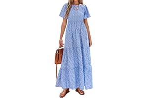 PRETTYGARDEN Women's 2025 Summer Casual Flutter Short Sleeve Boho Floral Maxi Dress Crew Neck Smocked Tiered Long Dresses