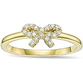 Lavari Jewelers 1/6 Carat Lab Grown Diamond Bow Ring for Women I 925 Sterling Silver with 18k Yellow Gold Plating Ring for Her I Statement Promise Anniversary Wedding Band Size 5 to 9