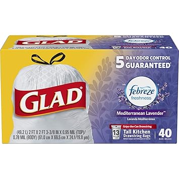 Glad Tall Kitchen Drawstring Trash Bags - OdorShield 13 Gallon White Trash Bag, Febreze Mediterranean
