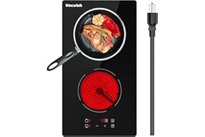 WECELEH Electric Cooktop 12 inch Built-in Electric Stove Top, 2 Burners Ceramic Cooktop with 9 Power Levels, Safety Lock, Timer, Touch Control, Over-Temperature Protection, 110-120V (with Plug)
