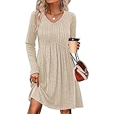 OFEEFAN Long Sleeve Sweater Dress Fall Dresses 2025 V Neck Empire Waist Baby Doll Dresses Women Casual Dress with Pockets