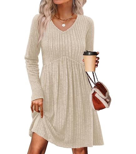 Sampeel Womens Fall Dresses 2025 High Waist Baby Doll A Line Teacher Long Sleeve Dress Beige S at Amazon Women's Clothing store
