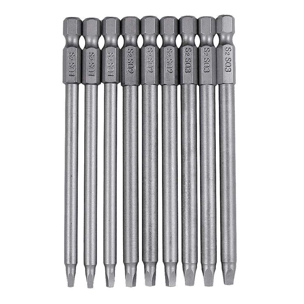 Bestgle 9Pcs Magnetic Square Head Screwdriver Bits Set, 100mm Long S2 Steel, 1/4" Hex Shank Screwdriver Bit Set SQ1 SQ2 SQ3 for Electric Screwdrivers, Cordless Drills & Hand Tools