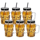 PYVYLO 16 oz Skull Mason Jar with Handle,6 Pack Glass Skull Cup with Lid and Straw,Glass Beer Mug Drinking Glasses for Halloween Decor