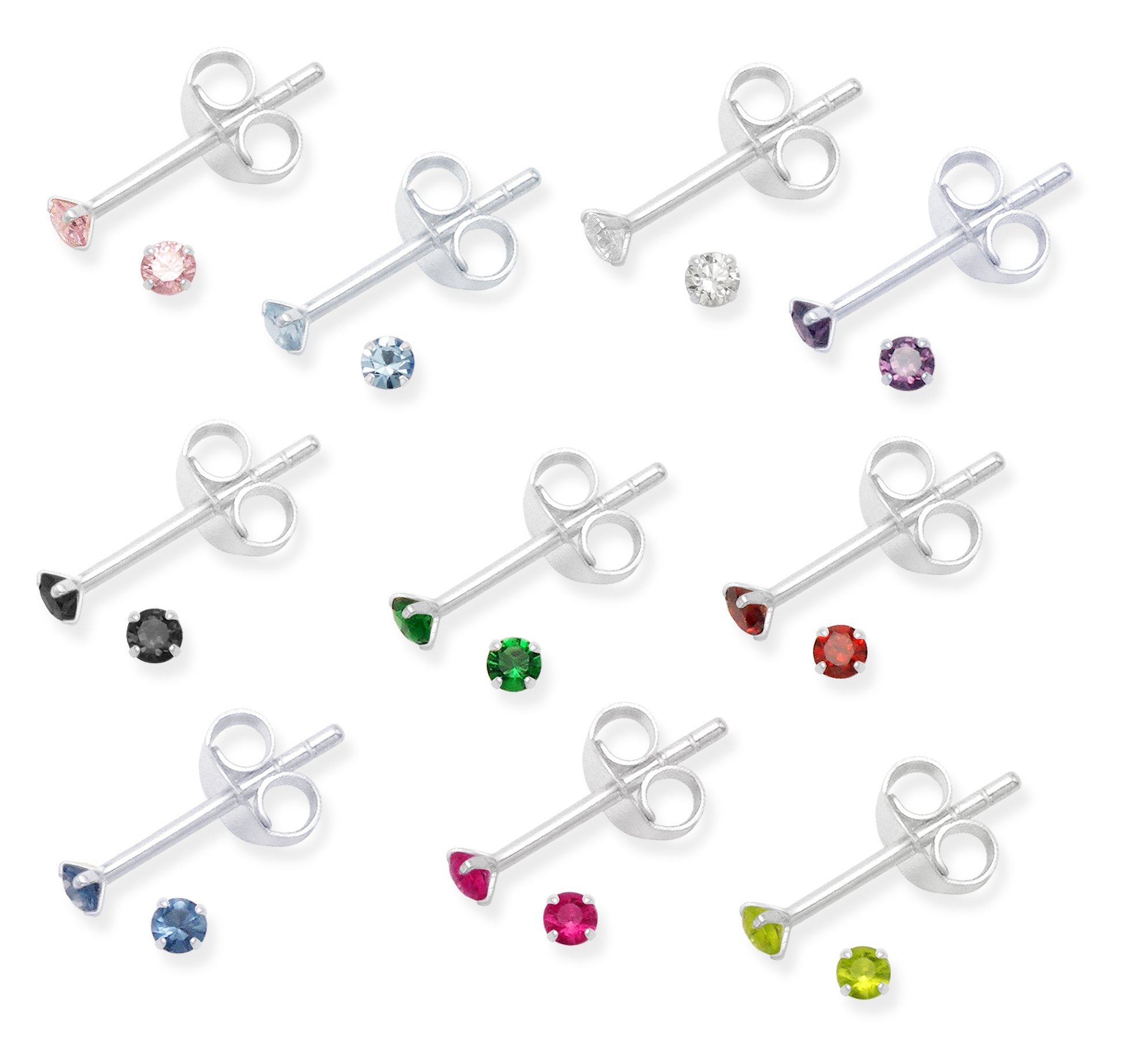 Heather Needham Set 10 PAIRS Genuine Sterling Silver Cubic Zirconia stud Earrings - Colours as shown in photos - SIZE: TINY TEENY 2mm - Gift Boxed 5548SET — image 1