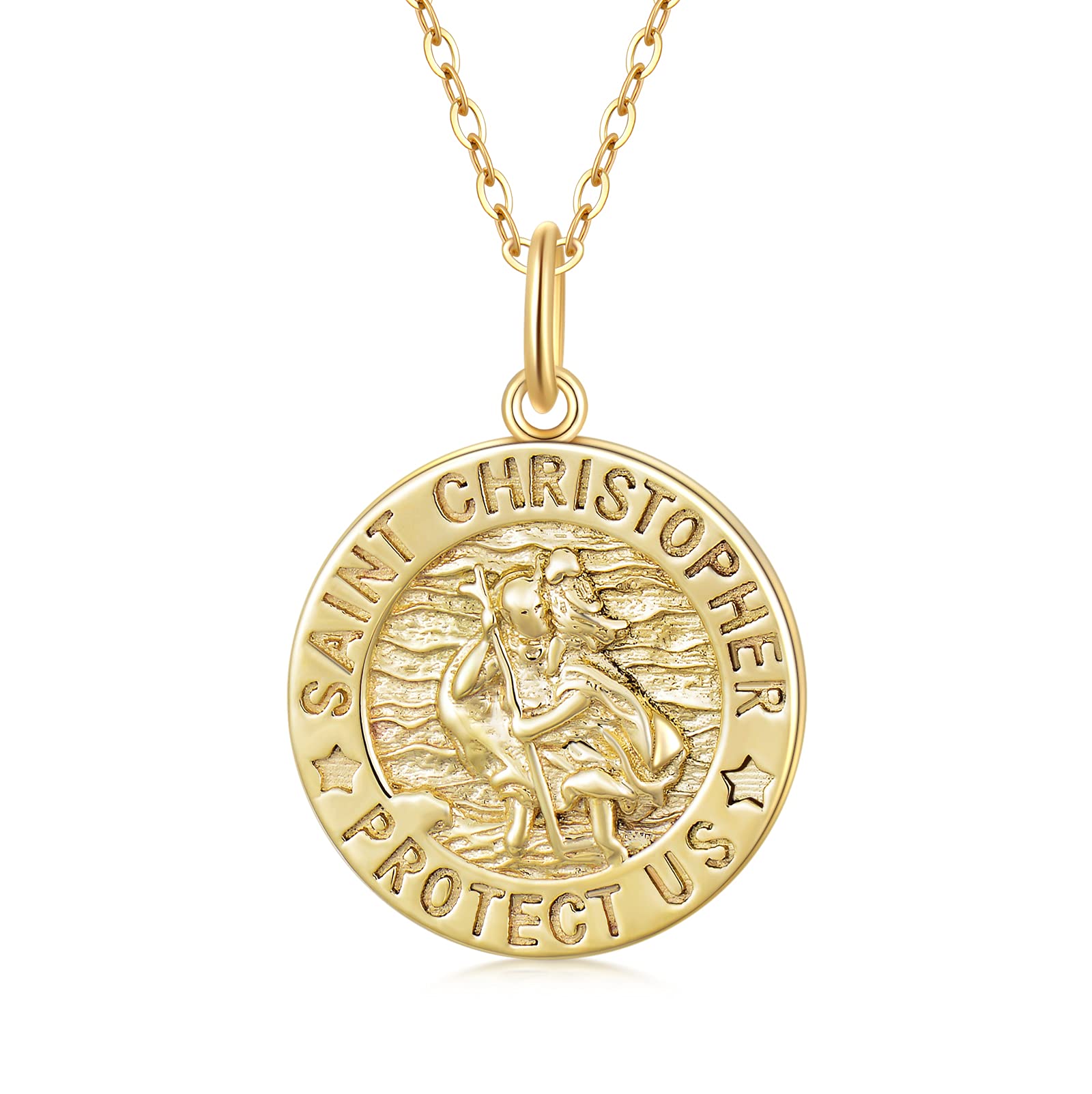 SISGEM 9 ct Gold St. Christopher Necklace, Solid Yellow Gold Saint Christopher Pendant Necklace, Saint Christopher Protect US, for Men Boy Father Brother, 16"+1"+1"
