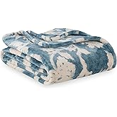 Berkshire Blanket-Classic Heavyweight Soft Printed VelvetLoft® Plush Blanket, Full/Queen Size Soft Fuzzy Warm Blanket for Couch Sofa Bed, Floral Blue, 90in x 90in