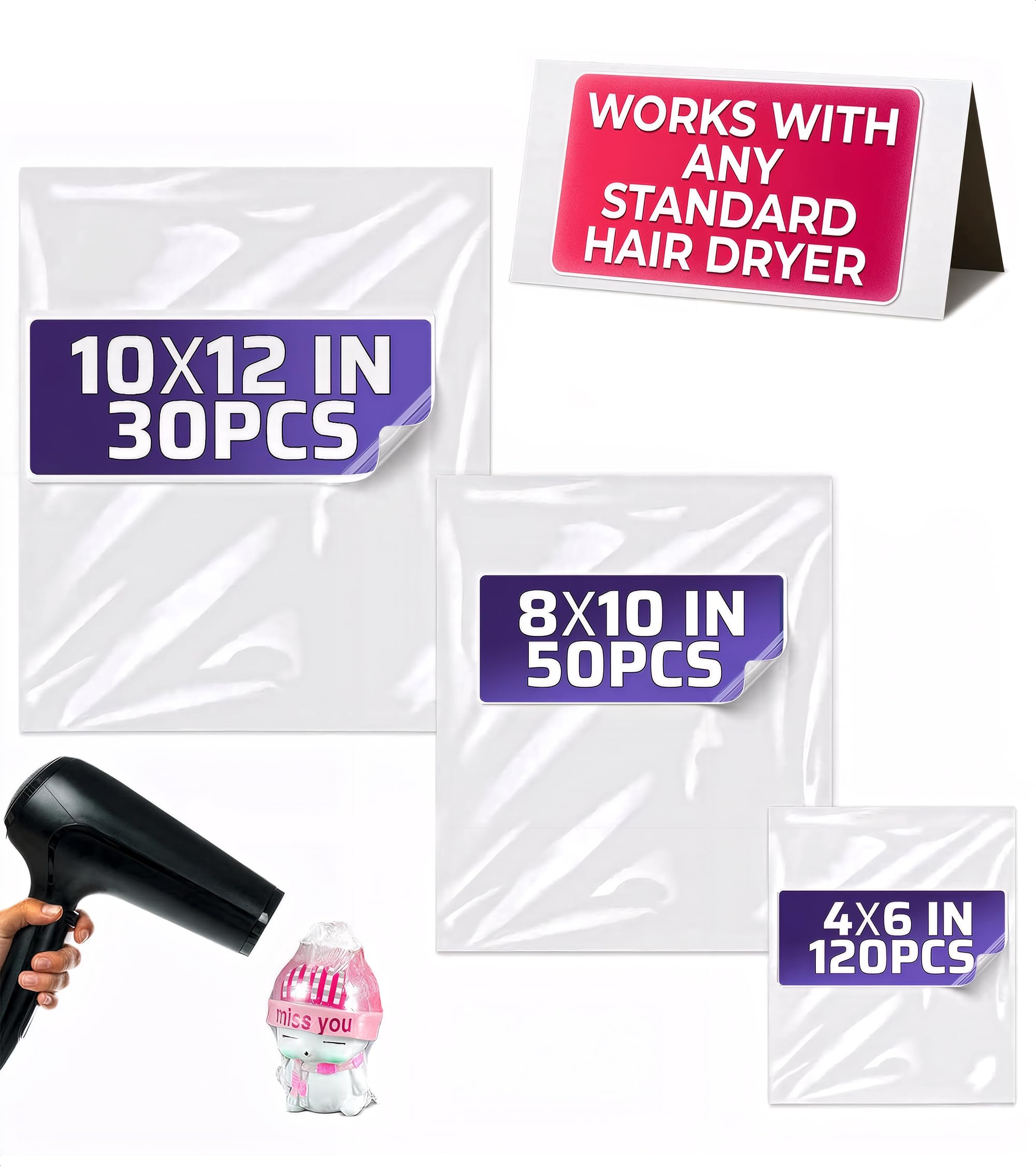 Photo 1 of 200Pcs Heat Shrink Wrap Bags – 3 Sizes 4x6" (120) 8x10" (50) 10x12" (30) Clear PVC Plastic – Compatible with Any Heat Gun or Hair Dryer at Medium Temperature – Great for Wrapping DIY Crafts and Gifts