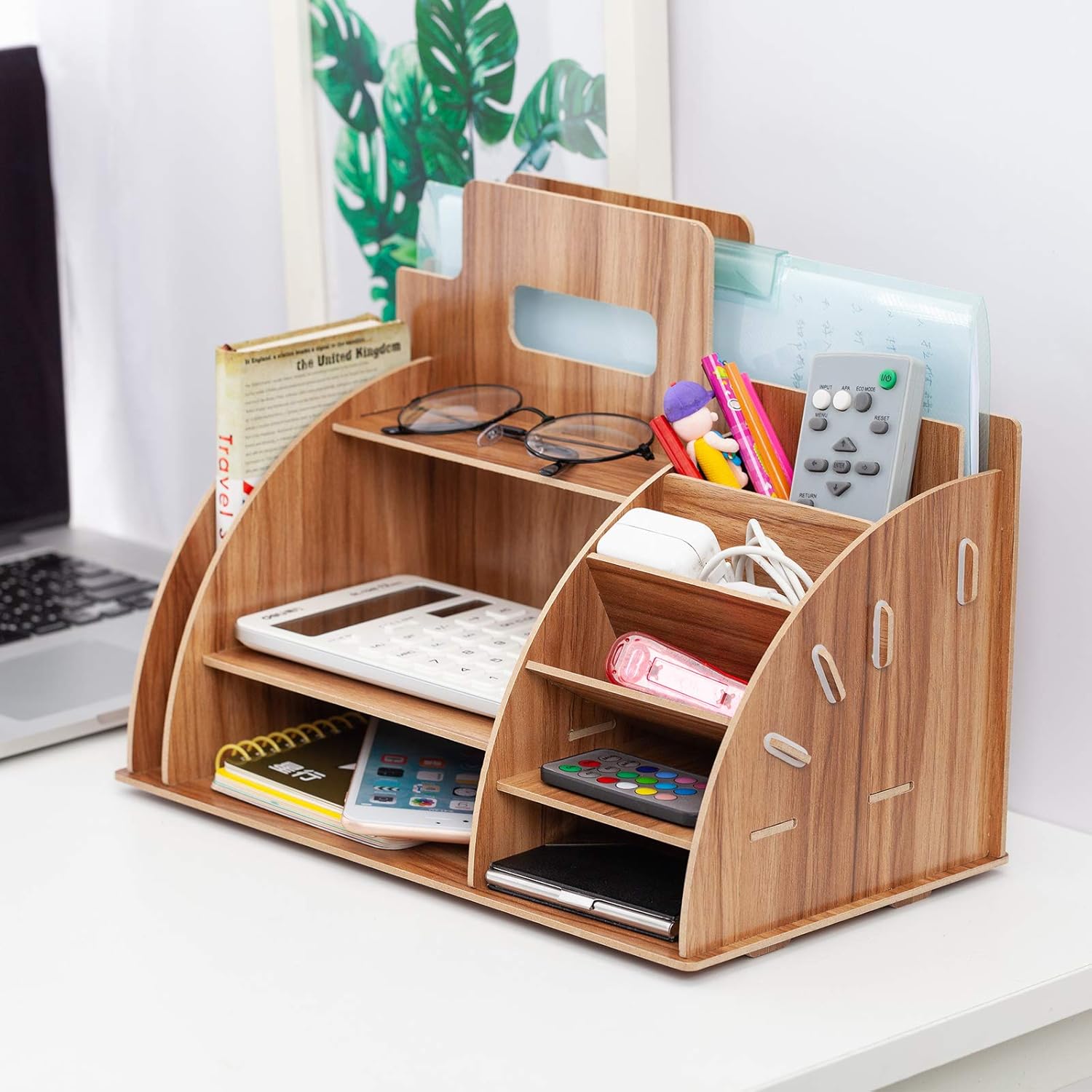 Wood Desk Stationary Organizer and Accessories, Multi-Functional Desktop Organizer, Large Capacity Pen Organizer File Holder with 10 Compartments for Office, School, Home Supplies Organization: Home Improvement