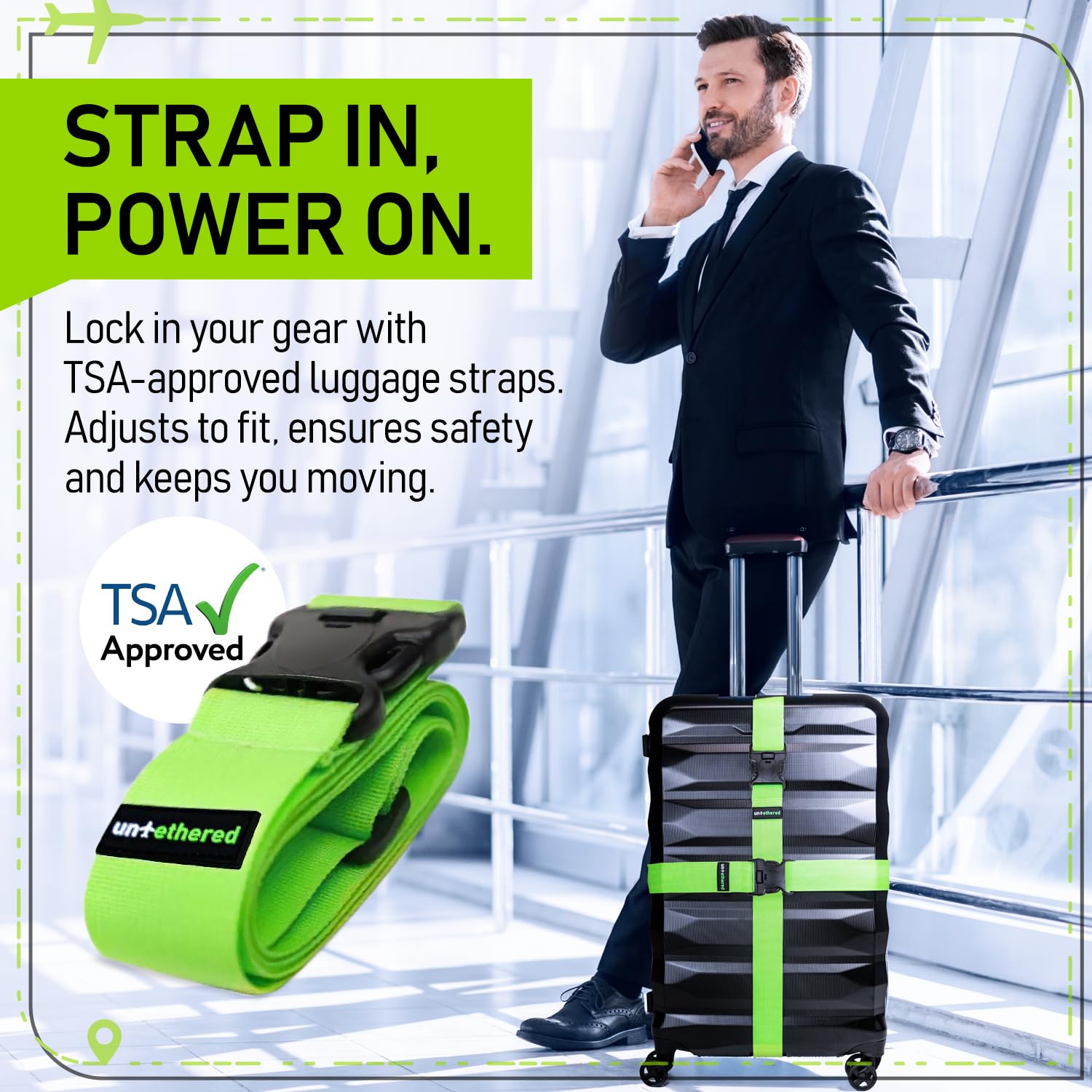 Untethered Untethered Luggage Straps | TSA-Approved Suitcase Belts with Heavy-Duty Buckles. Secure Adjustable Travel Accessories for Checked Bags. 4-Pack