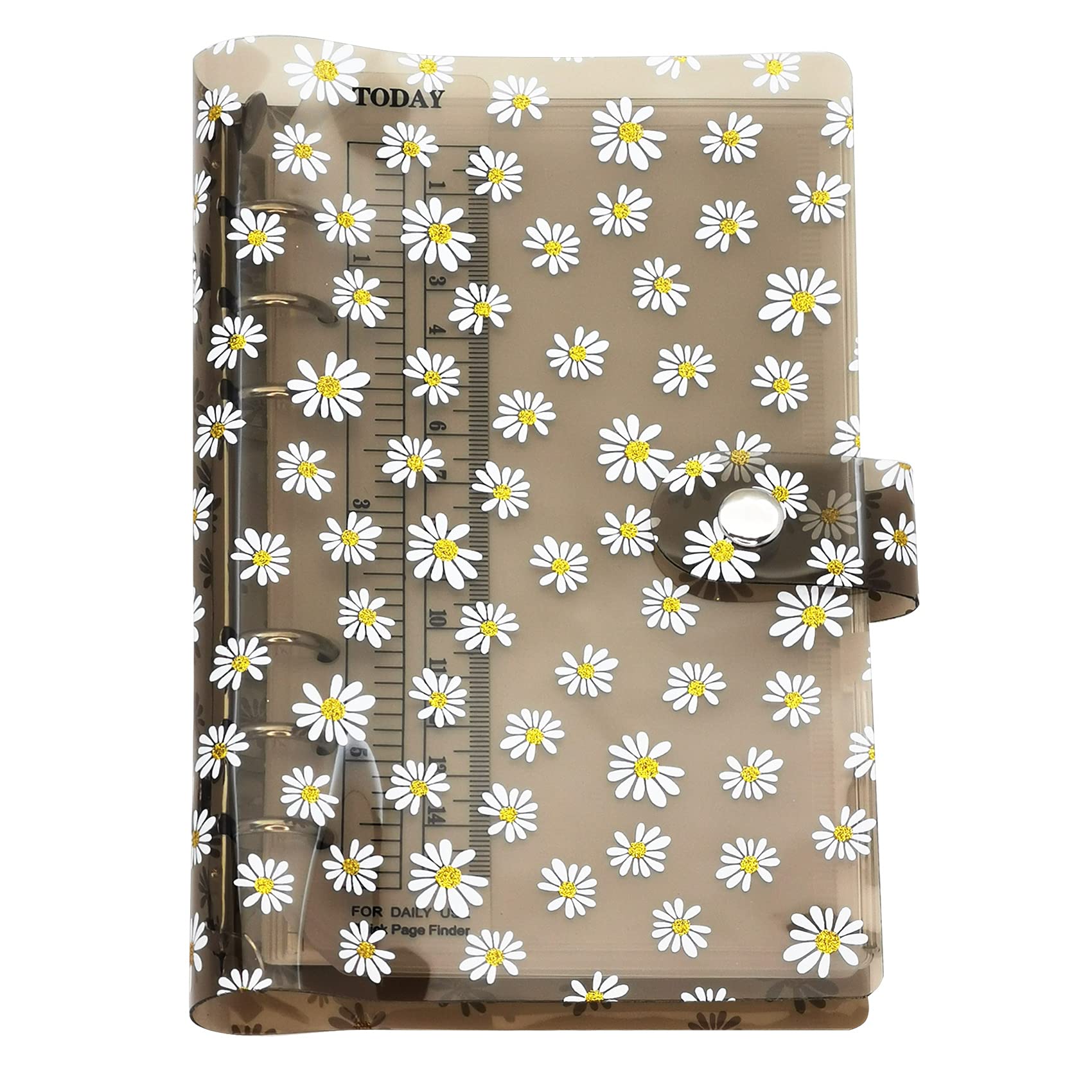 A6 A5 6-Holes Colorful PVC Cover Round Ring View Binder with Snap Button Closure File Folder (Black Daisy, A6 Combo)