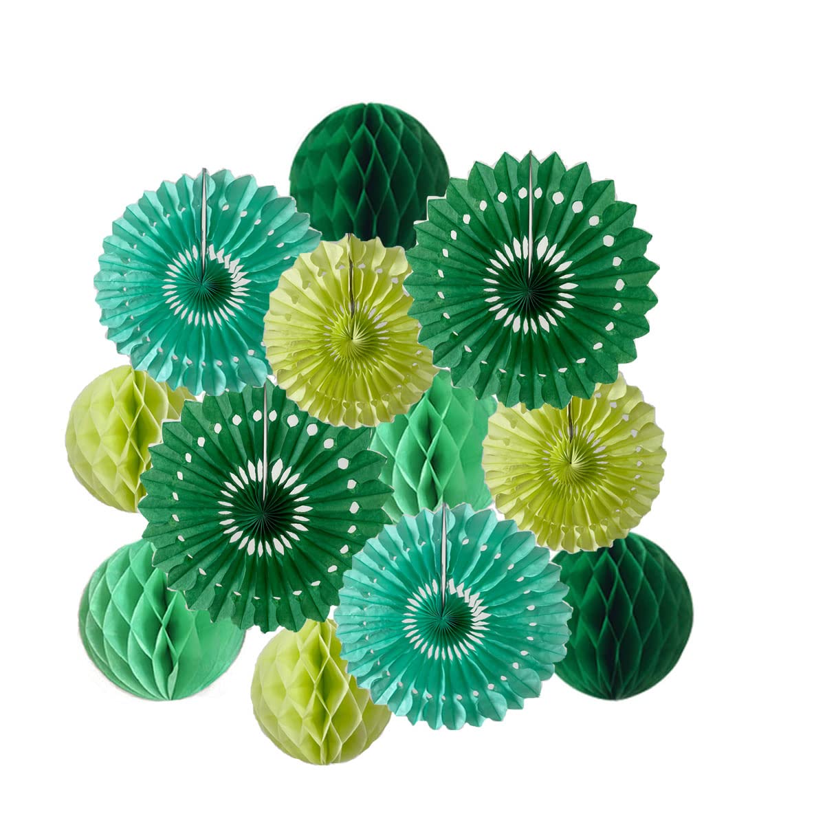 Photo 1 of 12pcs 6’’ 8’’ Honeycomb Balls Tissue Paper Fans Party Honeycomb Ball Fans Wall Decorations Tissue Pom Poms Flower Balls Hanging Paper Fans for Party Baby Shower Birthday Wedding Nursery(Green kit)