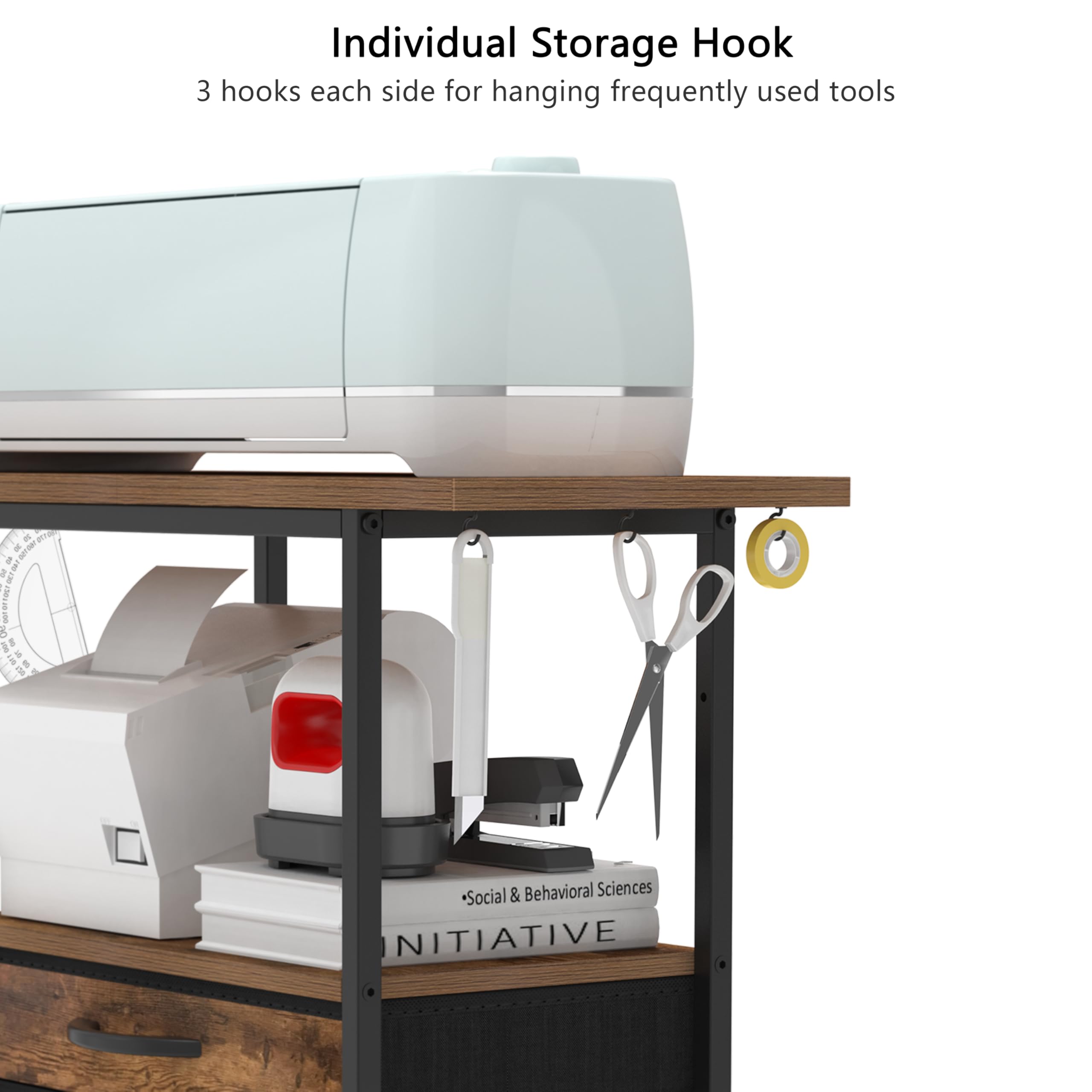 Organizer and Storage Stand Compatible with Cricut Machines,Rolling Storage Cart/Shelf with 24 Vinyl Roll Holders，2 Fabric Drawer,Accessories Holder,Tool Hook for Craft Room Home (Rustic Brown)