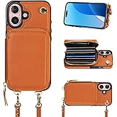Bocasal Crossbody Wallet Case for iPhone 16, RFID Blocking Leather Purse Case with Card Holder, Protective Handbag Flip Cover with Zipper Wrist Strap Lanyard for Women 5G 6.1 Inch (Brown)