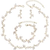 Brides Bridesmaid Flower Leaf Choker Necklace Dangle Earrings Link Bracelet Austrian Crystal Wedding Jewelry Set for Prom Costume Party Accessories for Woman