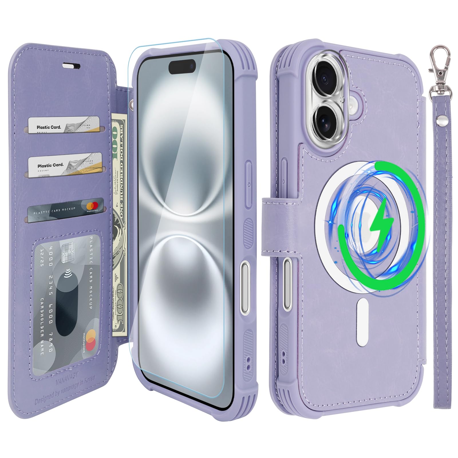 VANAVAGY Compatible for iPhone 16 Wallet Case for Magsafe Wireless Charging,Leather Flip Folio Wrist [Glass Screen Protectors and Camera Lens Protectors]with RFID Block Card Holder,Clove Purple