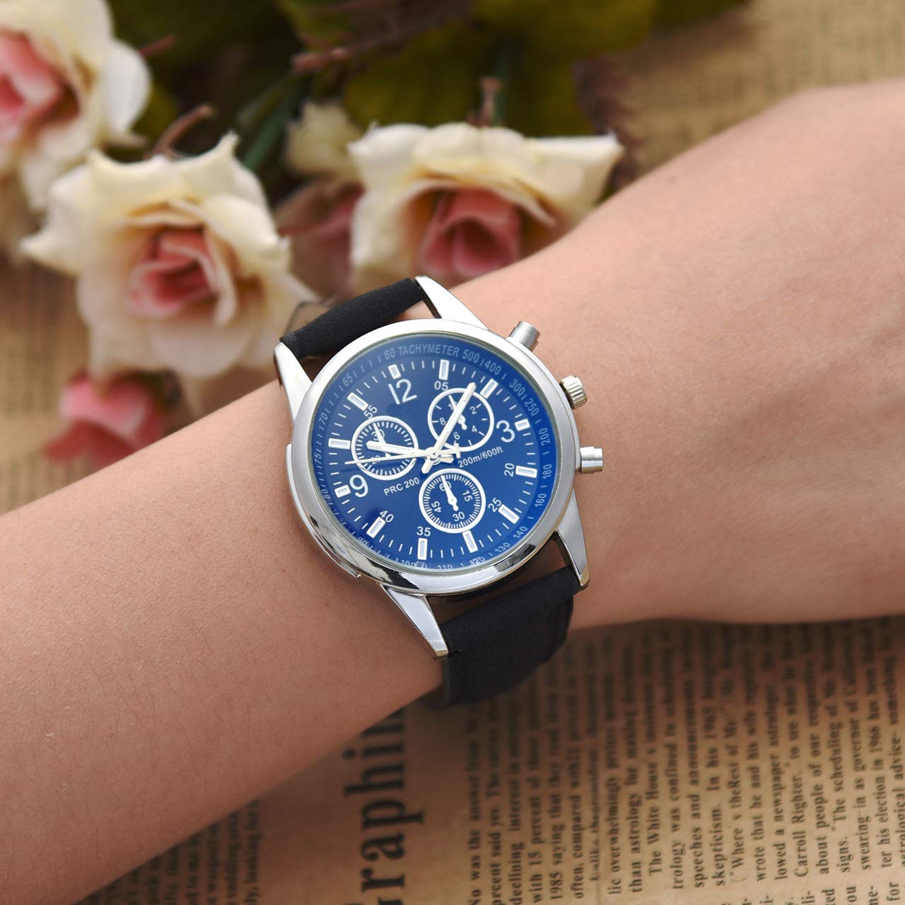 Top Plaza Mens Classic Leather Wrist Watch Casual Big Face Arabic Numerals Silver Case Analog Quartz Business Dress Watches - Black #2