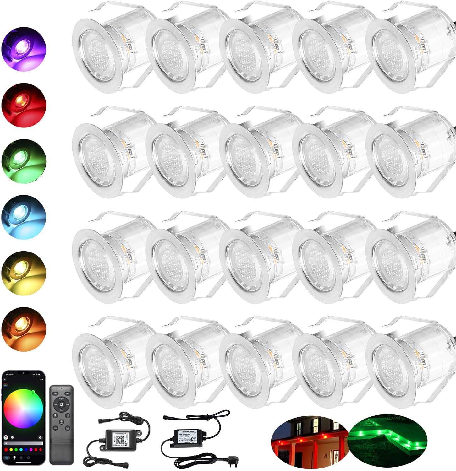 INDARUN RGB WiFi Led Decking Lights Waterproof IP67 Ø30MM - Led Plinth Lights for Terrace/Patio/Path/Wall/Garden/Decoration, 20 Packs