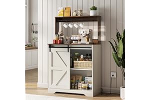 LYNCOHOME Sideboard Cabinet, Buffet Cabinet with Sliding Door, White, Farmhouse Style Design, Kitchen Storage Cabinet with Po