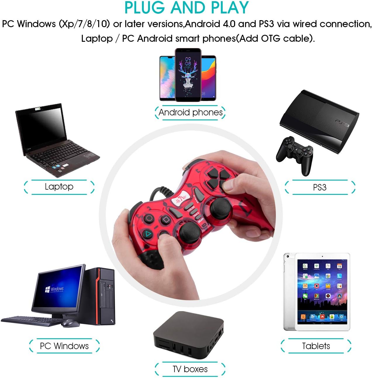 Gaming Wired Gamepad Controller Rii GP500 for PC Windows 98 XP 7 8 10 Games Playstation 3 STEAM Gaming with Joystick Dual Vibration Asymmetric USB Joy pad Handler (TURB 12 FIRE Buttons 4 AXLS): Computers & Accessories