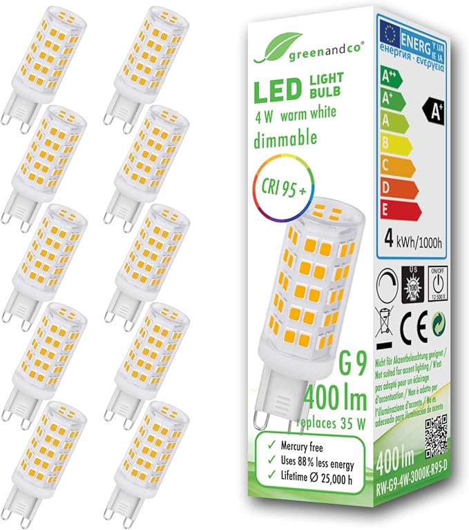 10x greenandco® CRI 95+ dimmable G9 LED Bulb 4W Replaces 35W 400lm