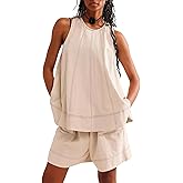 miswek Women's 2025 Summer 2 Piece Sets Sleeveless Crewneck Two Piece Outfits Tank Top Match Wide Leg Shorts with Pockets (Apricot S)
