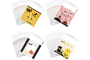 FEPITO 200 Pieces Halloween Candy Bags Self Adhesive Treat Bag Plastic Clear Candy Cookie Bags for Halloween Party Gift Suppl