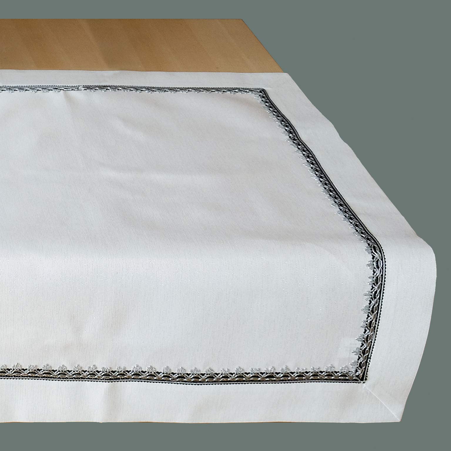 Raebel OHG Table Cloth Runner White with Silver Border 100% Polyester Choice of Sizes, Polyester, Silver, 85 x 85 cm