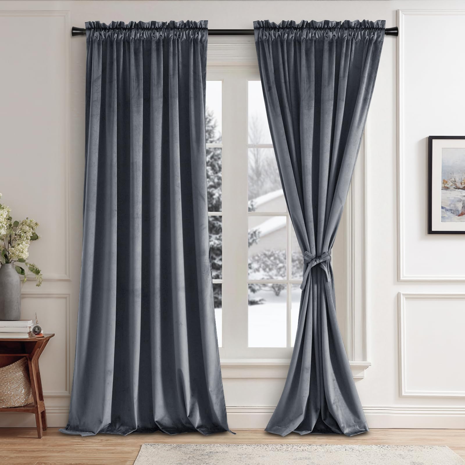 JIUZHEN Dark Grey Velvet Curtains 90 inches for Living Room - Thermal Insulated Room Darkening Rod Pocket Thick Velvet Window Drapes for Bedroom/Dining Room, Set of 2 with Tiebacks, W70 x L90inches Image
